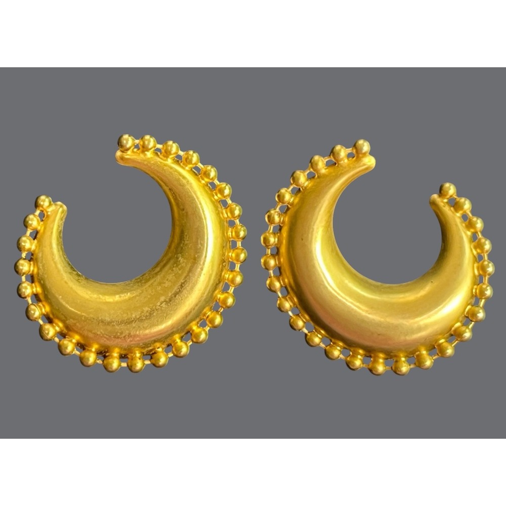 Vintage MATTE GOLD TONE Large Earrings Crescent Half Moon Beaded Edges 80's Hoop